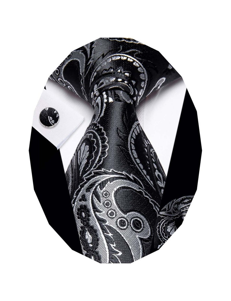 YourTies Mens Paisley Tie Woven Silk Black Tie with Pocket Square Set Formal Party Business Necktie - Image 1
