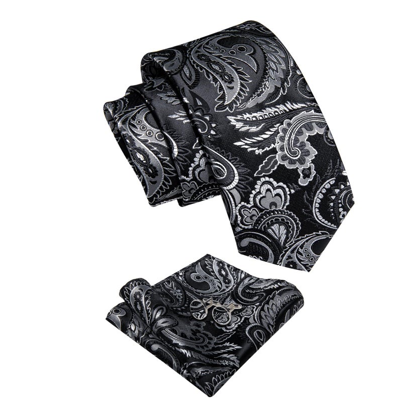 YourTies Mens Paisley Tie Woven Silk Black Tie with Pocket Square Set Formal Party Business Necktie - Image 2