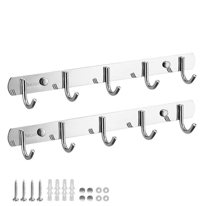 TooCust Wall Hooks for Hanging Silver Coat Rack Wall Mount with 5 Coat Hooks 145 304 Stainless SteelTowel Hanger Hat Hooks Robes Hook in Bathroom Bedroom Kitchen Living Room 2 Pack