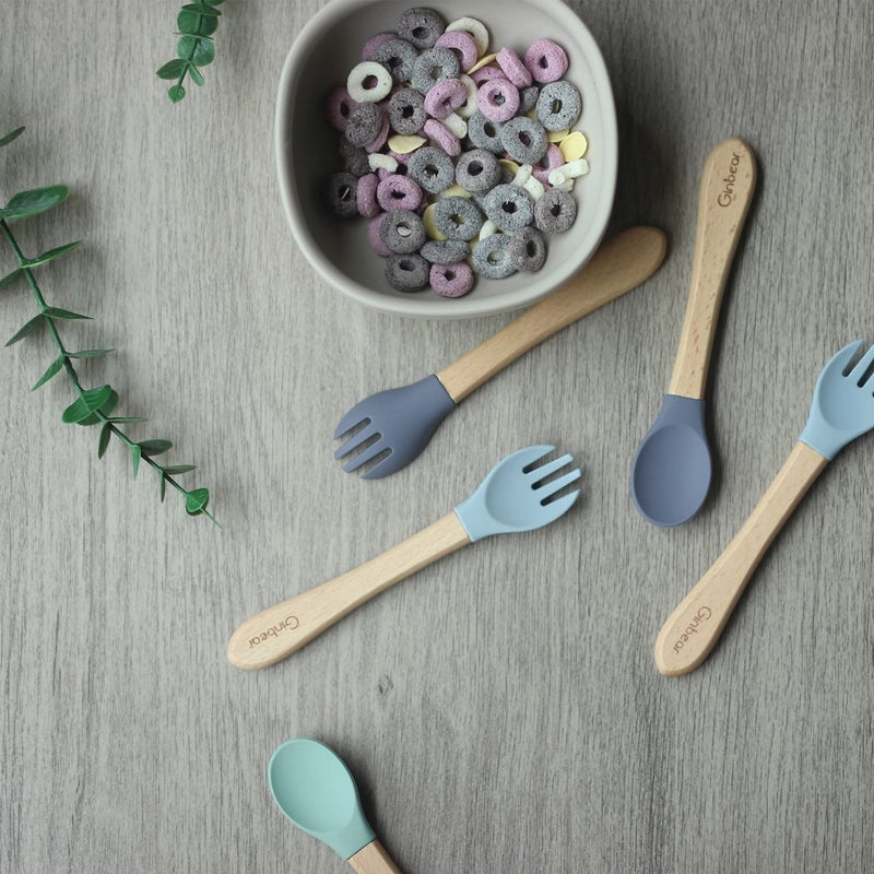 Ginbear Silicone Baby Spoons and Forks Self-feeding 12-18 Months, Soft-Tip Baby Flatware Sets, Toddler Feeding Utensils for Child, 4 Piece Set (Hazy Green/Almond) - Image 2