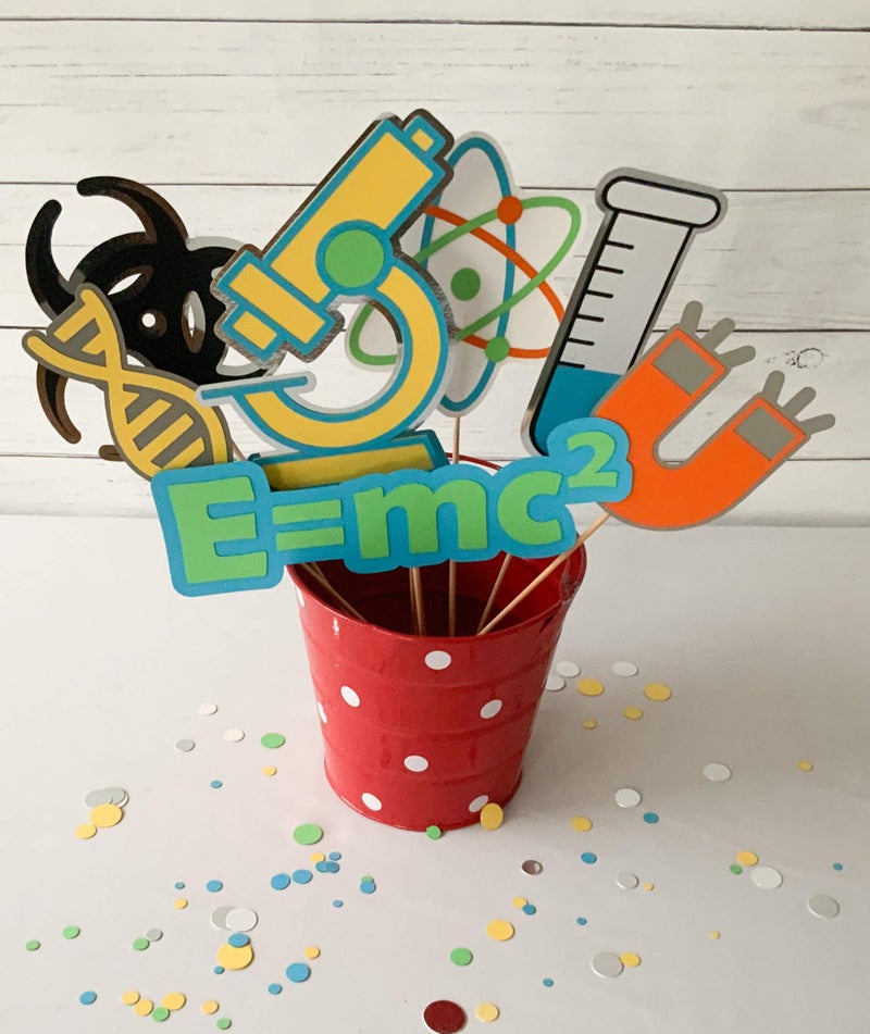 Pinfliers Science Theme Paper Centerpieces Skewers, A set of 7, Blue, yellow, green, orange - Image 3