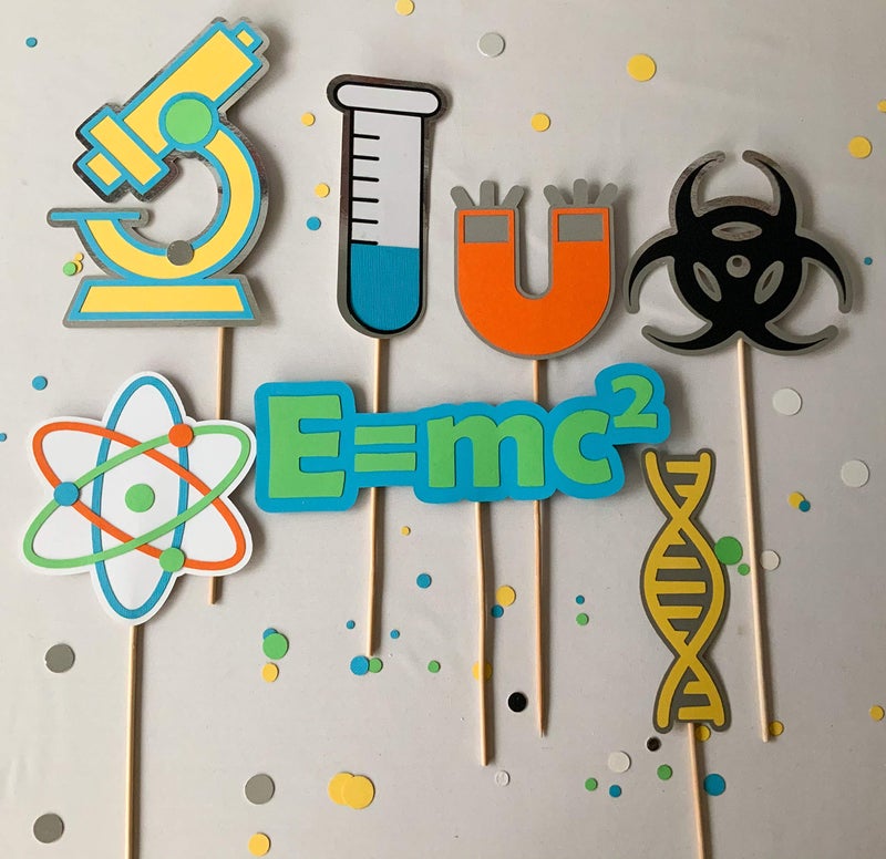 Pinfliers Science Theme Paper Centerpieces Skewers, A set of 7, Blue, yellow, green, orange - Image 2