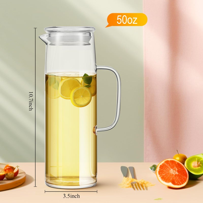 Hsei 2 Sets Glass Pitcher with Lid, 50 oz / 1500 ml Water Carafe with Handles Hot Cold Beverage Water Jar Glass Jug for Tea Juice Milk Coffee Iced Beverage (Glass Lid) - Image 4