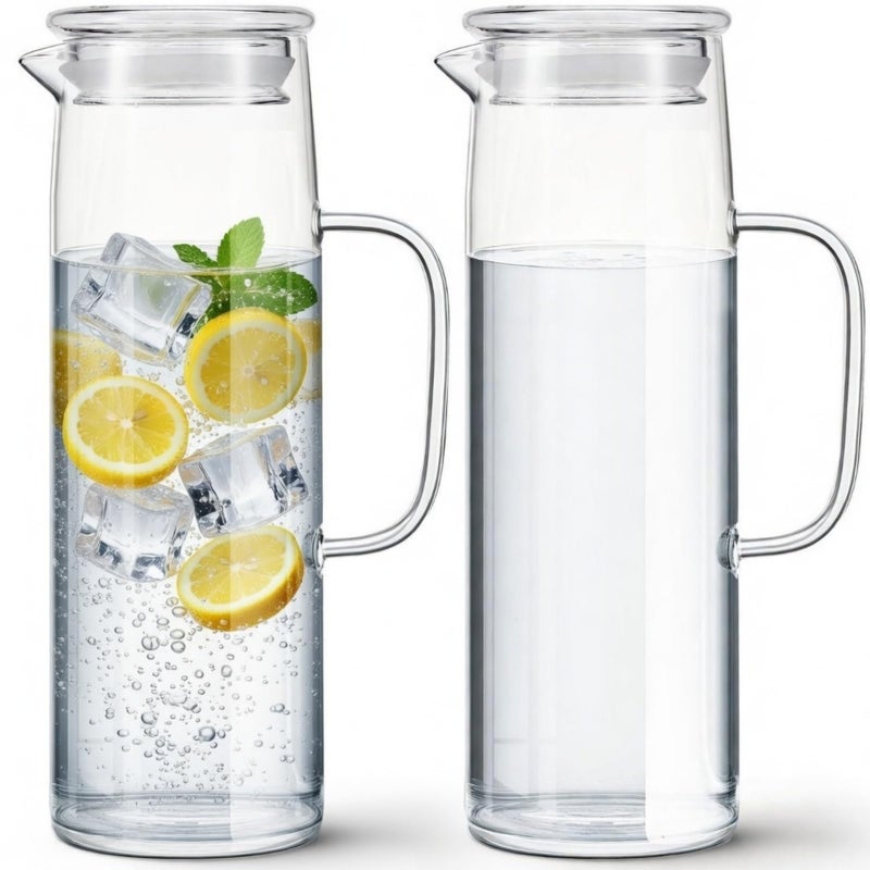 Hsei 2 Sets Glass Pitcher with Lid, 50 oz / 1500 ml Water Carafe with Handles Hot Cold Beverage Water Jar Glass Jug for Tea Juice Milk Coffee Iced Beverage (Glass Lid) - Image 1