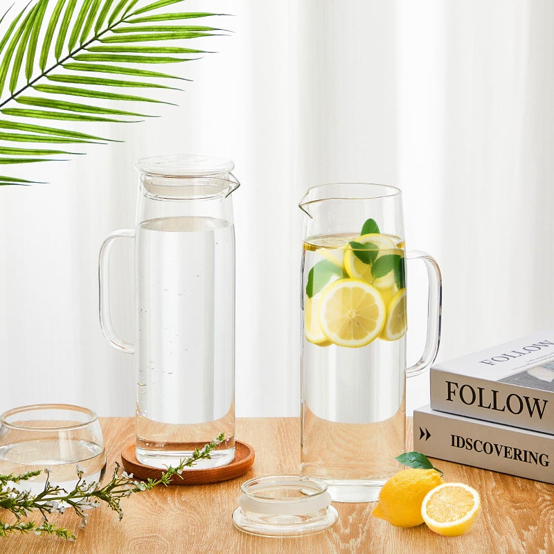 Hsei 2 Sets Glass Pitcher with Lid, 50 oz / 1500 ml Water Carafe with Handles Hot Cold Beverage Water Jar Glass Jug for Tea Juice Milk Coffee Iced Beverage (Glass Lid) - Image 2