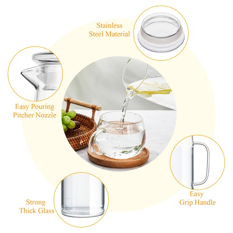 Hsei 2 Sets Glass Pitcher with Lid, 50 oz / 1500 ml Water Carafe with Handles Hot Cold Beverage Water Jar Glass Jug for Tea Juice Milk Coffee Iced Beverage (Glass Lid) - Image 3