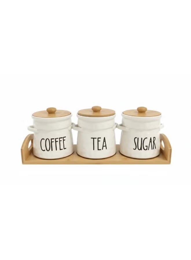 3 Pieces Sugar Tea Coffee Storage Jars Set with Wooden Lids and Tray, Kitchen Canisters Organizer for Coffee, Tea and Sugar - Image 1