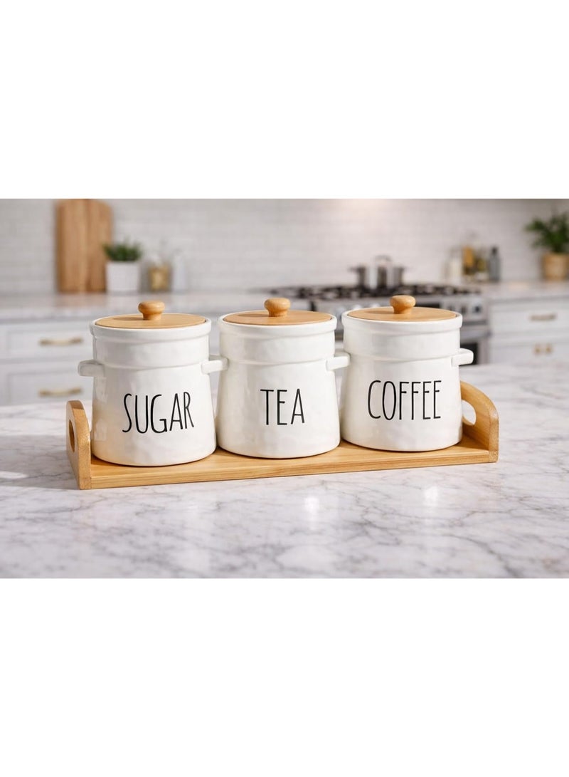 3 Pieces Sugar Tea Coffee Storage Jars Set with Wooden Lids and Tray, Kitchen Canisters Organizer for Coffee, Tea and Sugar - Image 3