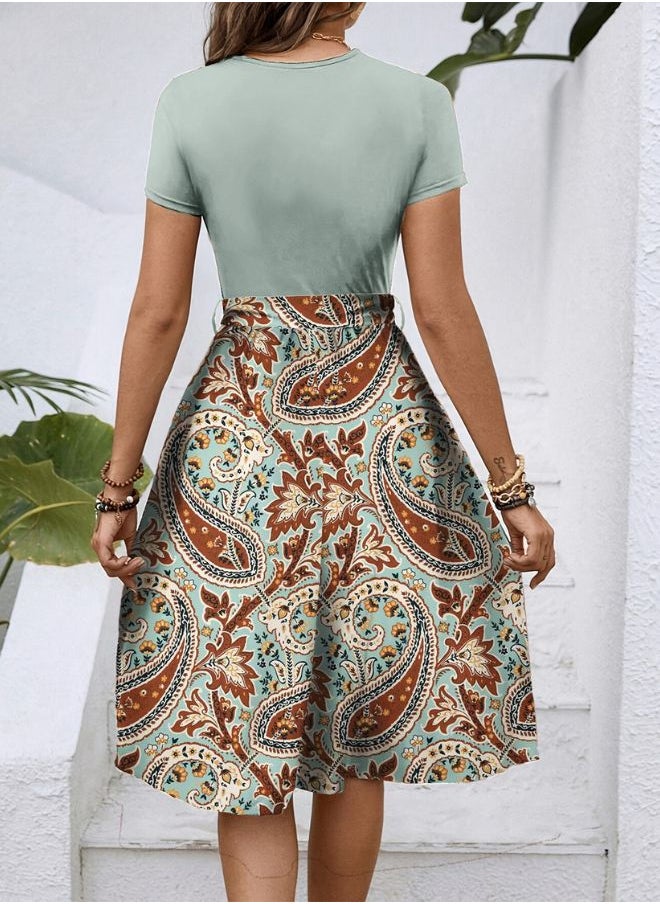 Tepveisoy Women's Fashionable Retro Patterned Printing Color Blocked Belt Casual Knee-length Dress  - Image 4