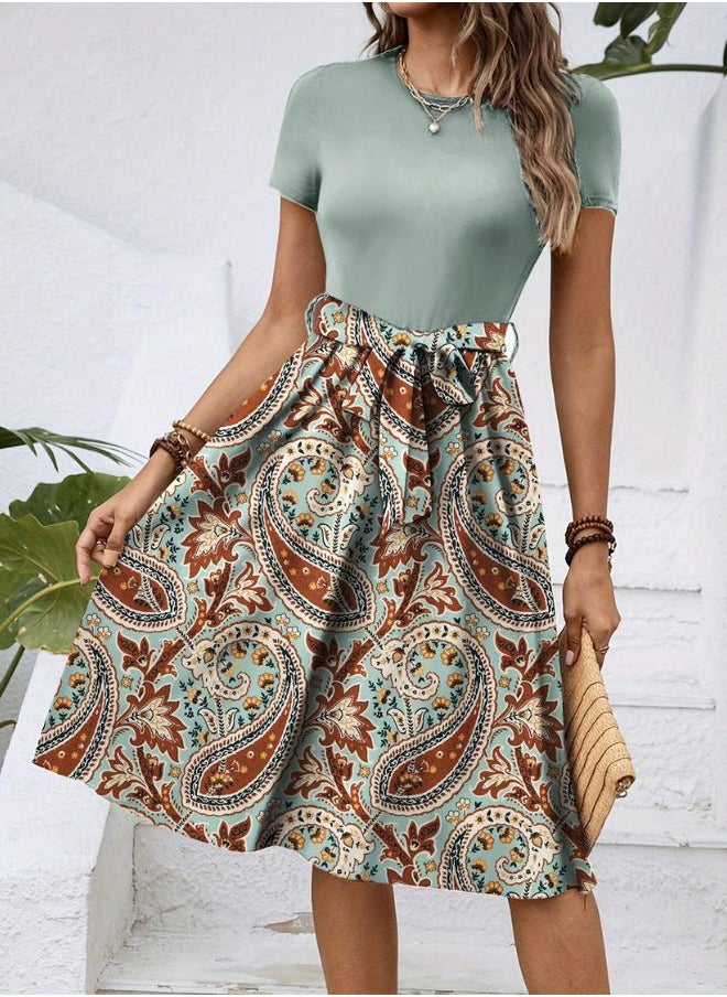 Tepveisoy Women's Fashionable Retro Patterned Printing Color Blocked Belt Casual Knee-length Dress  - Image 3