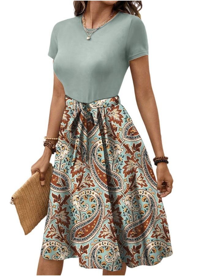 Tepveisoy Women's Fashionable Retro Patterned Printing Color Blocked Belt Casual Knee-length Dress  - Image 1