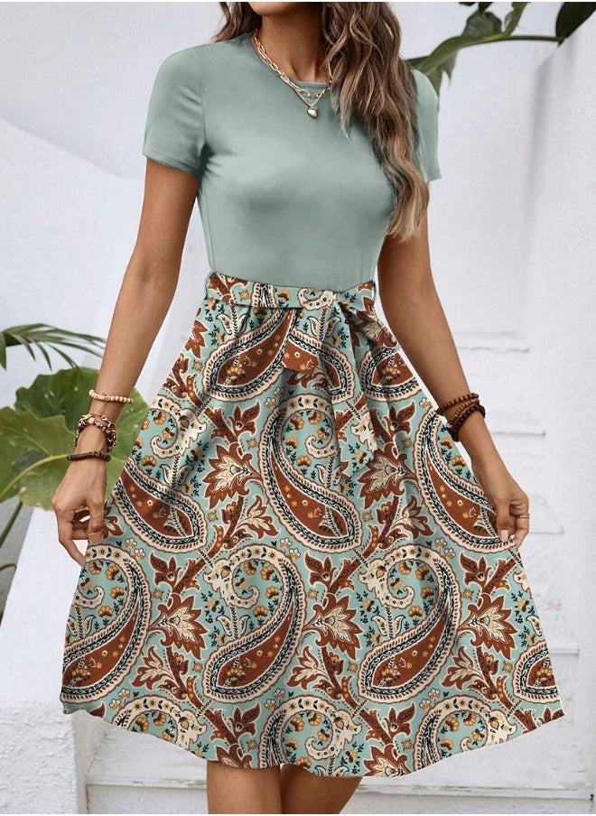 Tepveisoy Women's Fashionable Retro Patterned Printing Color Blocked Belt Casual Knee-length Dress  - Image 5