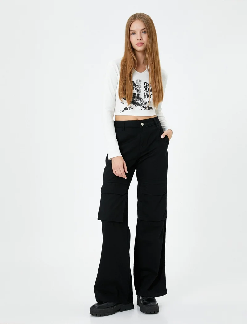 كوتون Crop V-Neck T-Shirt Long Sleeve Printed Camisole Cotton