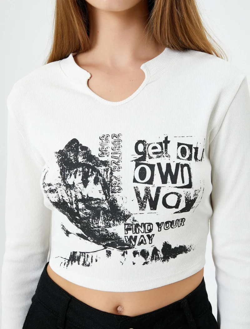 كوتون Crop V-Neck T-Shirt Long Sleeve Printed Camisole Cotton