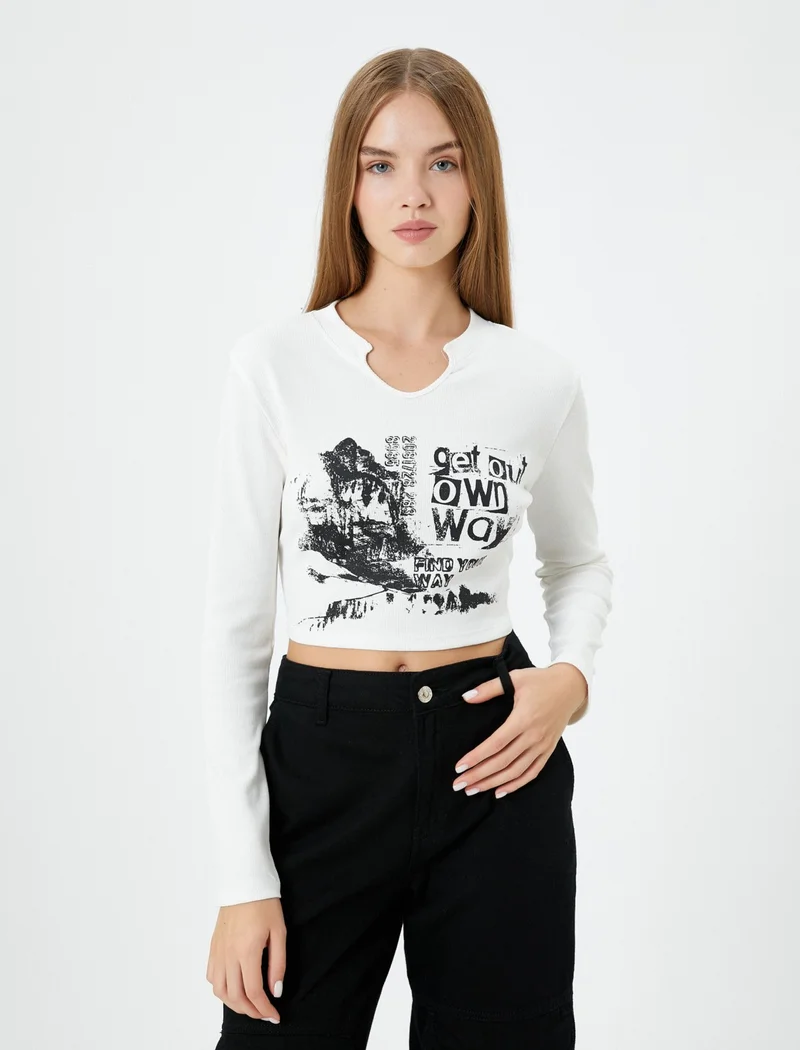 كوتون Crop V-Neck T-Shirt Long Sleeve Printed Camisole Cotton