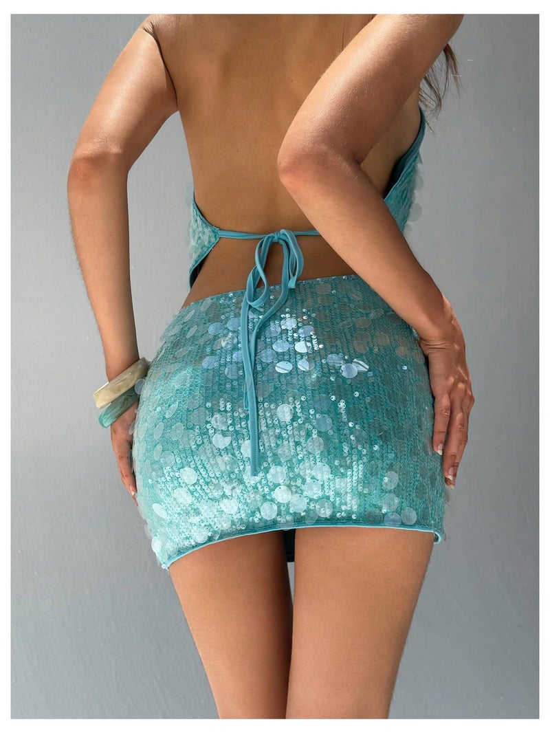 MakeMeChic Women's Sparkling Sequin Ruched Skirt Bodycon Going Out Y2K Party Skirts Blue Medium - Image 3