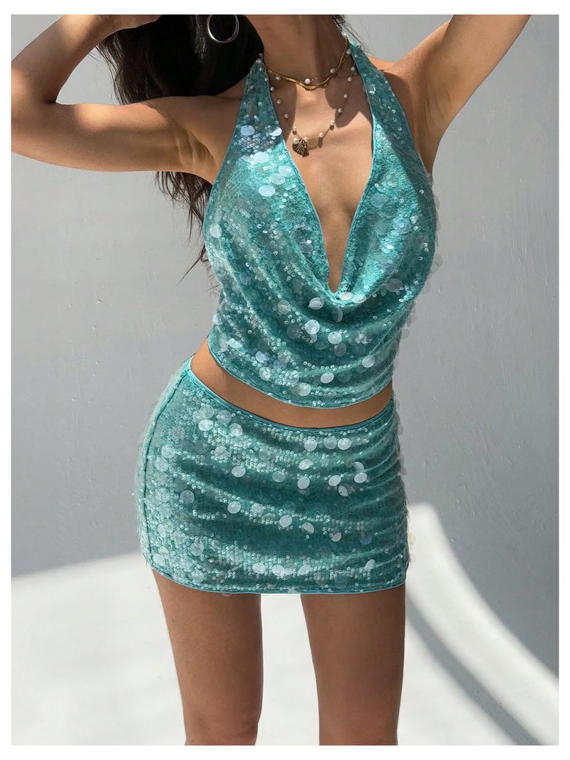 MakeMeChic Women's Sparkling Sequin Ruched Skirt Bodycon Going Out Y2K Party Skirts Blue Medium - Image 2