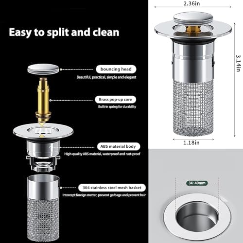 Aywenny Stainless Steel Floor Drain Filter,Bathroom Sink Stopper Hair Catcher with Removable Stainless Steel Filter Basket Hair Catcher,Isolate Odor Pop Up Sink Drain Filter（2Pcs） - Image 3