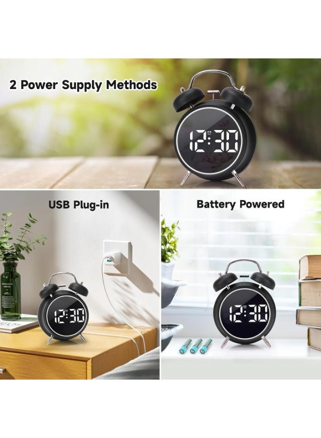 ساعة منبه رقمية مزدوجة الجرس بشاشة LED مقاس 3 بوصات - قابلة لإعادة الشحن عبر منفذ USB، ساعة طاولة بجانب السرير بصوت عالٍ - Image 5