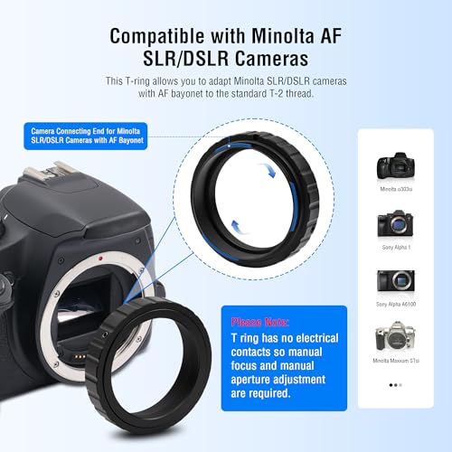 Astromania T-Adapter 1.25 Inches to M42 T-Mount & T2 T Ring Kit Compatible for Minolta SLR/DSLR Cameras with AF Bayonet, Metal Telescope Photo Camera DSLR Adapter Accessories for Astrophotography - Image 3