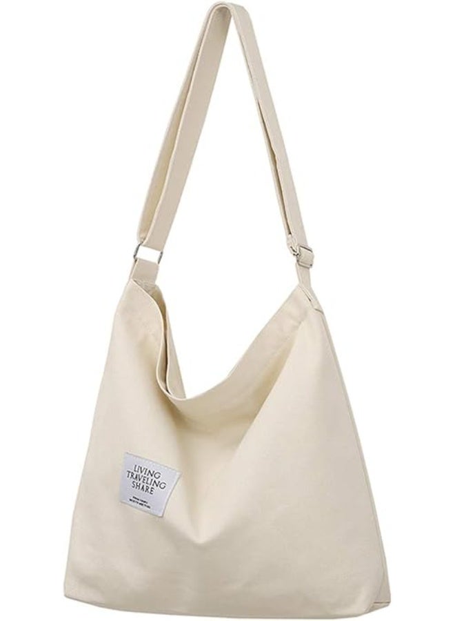 Covelin Women's Retro Large Size Canvas Shoulder Bag Hobo Crossbody Handbag Casual Tote Beige - Image 2