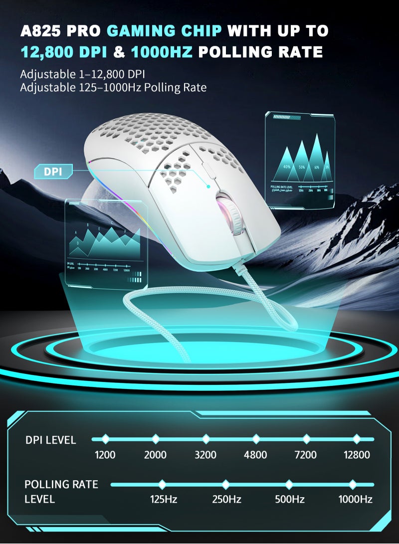 مسافر الكثبان ماوس ألعاب GE5 بتصميم خلية النحل، دقة قابلة للتعديل من 1 إلى 12800 DPI، مزود بـ 6 أزرار قابلة للبرمجة مع دعم ماكرو وبرنامج مخصص، إضاءة RGB بـ 16.8 مليون لون، تصميم مريح سلكي عبر USB بمعدل استجابة 1000 هرتز، متوافق مع الكمبيوتر وPS4 وPS5 وXbox، مثالي للاعبي فورتنايت - Image 3