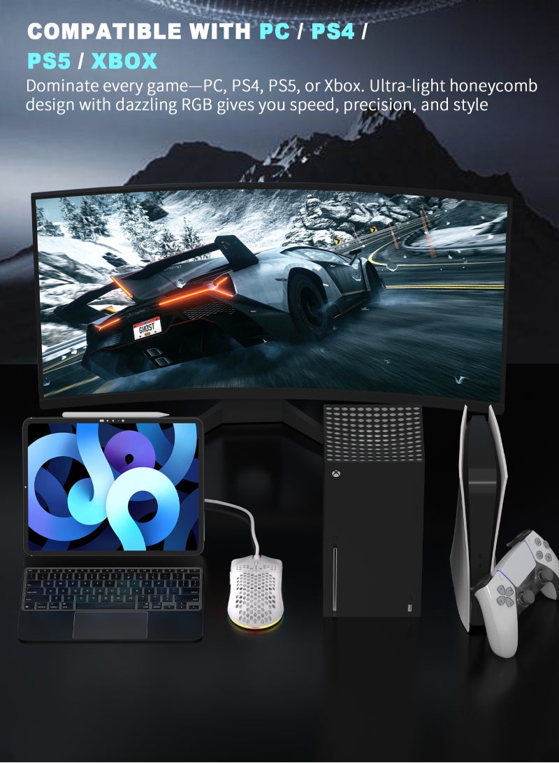 مسافر الكثبان ماوس ألعاب GE5 بتصميم خلية النحل، دقة قابلة للتعديل من 1 إلى 12800 DPI، مزود بـ 6 أزرار قابلة للبرمجة مع دعم ماكرو وبرنامج مخصص، إضاءة RGB بـ 16.8 مليون لون، تصميم مريح سلكي عبر USB بمعدل استجابة 1000 هرتز، متوافق مع الكمبيوتر وPS4 وPS5 وXbox، مثالي للاعبي فورتنايت - Image 4