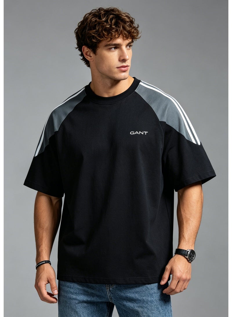 GANT Men's Raglan 3-Stripes Crew Neck T-Shirt, Colorblock Short Sleeve Loose Fit Casual Cotton Top - Black & Light Grey - Image 1