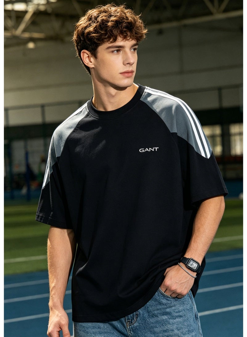 GANT Men's Raglan 3-Stripes Crew Neck T-Shirt, Colorblock Short Sleeve Loose Fit Casual Cotton Top - Black & Light Grey - Image 2