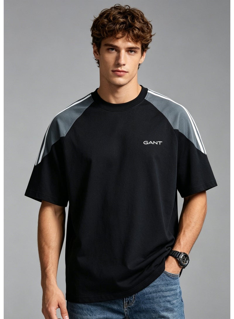 GANT Men's Raglan 3-Stripes Crew Neck T-Shirt, Colorblock Short Sleeve Loose Fit Casual Cotton Top - Black & Light Grey - Image 3