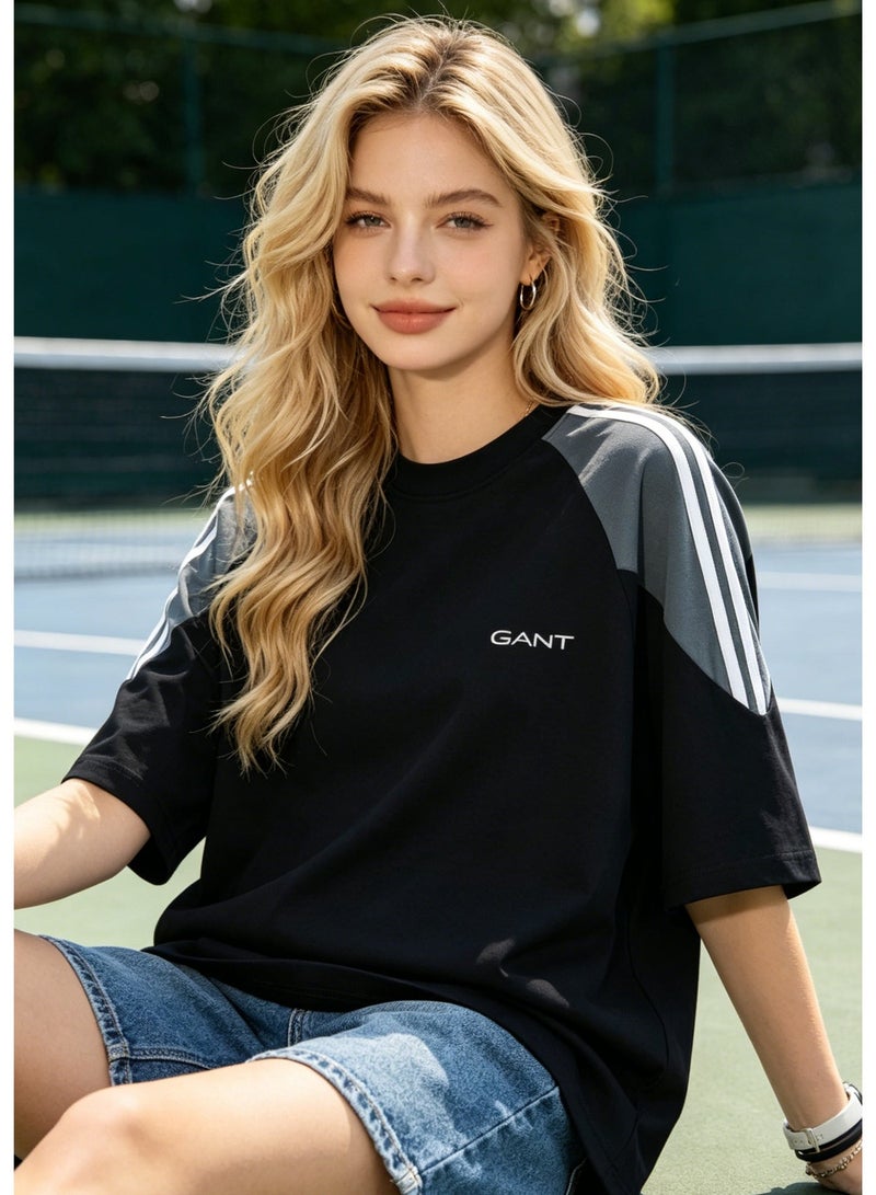 GANT Men's Raglan 3-Stripes Crew Neck T-Shirt, Colorblock Short Sleeve Loose Fit Casual Cotton Top - Black & Light Grey - Image 5