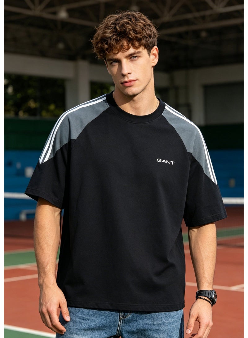 GANT Men's Raglan 3-Stripes Crew Neck T-Shirt, Colorblock Short Sleeve Loose Fit Casual Cotton Top - Black & Light Grey - Image 4