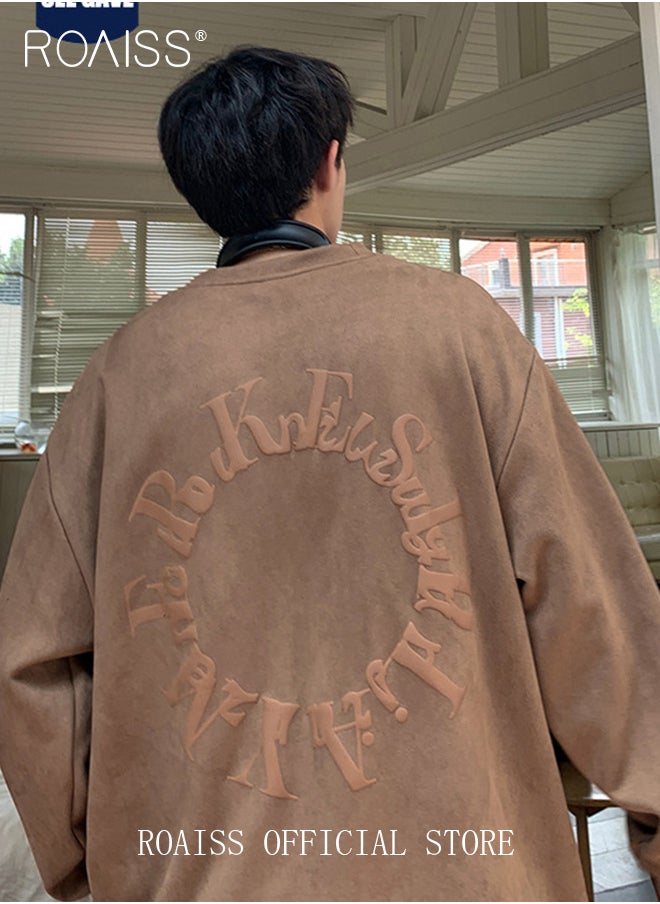 roaiss Suede Foam Autumn and Spring Shoulder Drop Sweater Men's Printed Long Sleeve Youth Boys  - Image 1