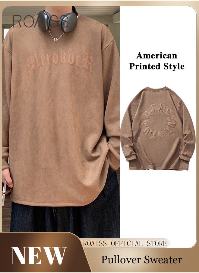 roaiss Suede Foam Autumn and Spring Shoulder Drop Sweater Men's Printed Long Sleeve Youth Boys  - Image 2