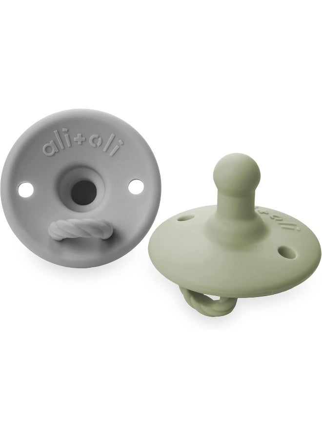 Ali+Oli Pacifier for Baby (2-pk) Original Round Edge (Grey & Sage) One-Size BPA-Free Silicone Soother Set for Newborn & Up - Image 1