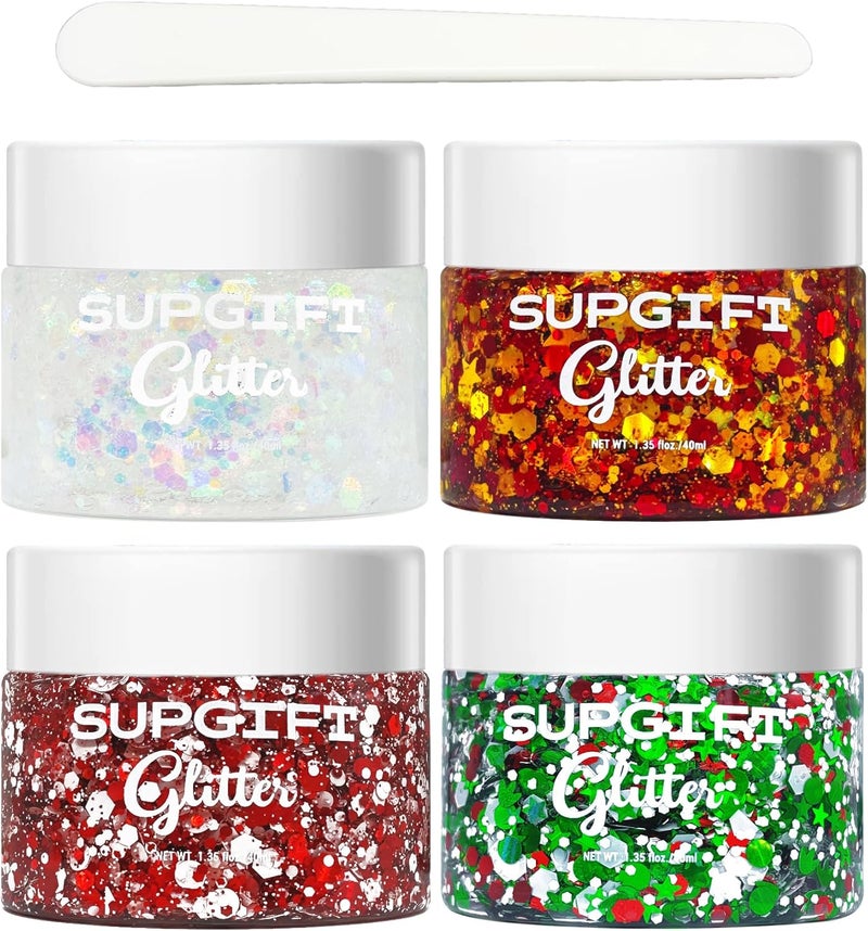 Christmas Body Glitter Gel SUPGIFT 4 Colors 8.5oz Holographic Chunky Mermaid Iridescent Laser Liquid Star Flower Leaf Sequins for Makeup Face Eyeshadow Hair with Spoon