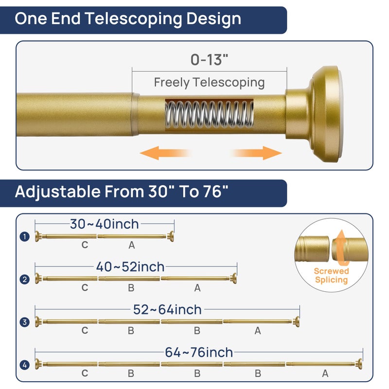 ENJOYBASICS Gold Shower Curtain Rod 30 to 76 Inches, 1 Inch Stainless Steel Adjustable Spring Tension Rods No Drill for Bathroom, Closet, Window, Room Divider, Never Rust, Non Slip - Image 2