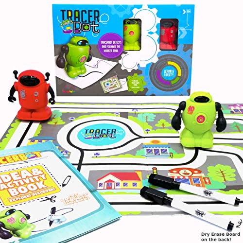 MUKIKIM TracerBot Set 2 Robot Set Mini Inductive Robot That Follows The Black Line You Draw Fun Educational and Interactive STEM Toy Includes Trail Map Dry Erase Board and Playbook - Image 1