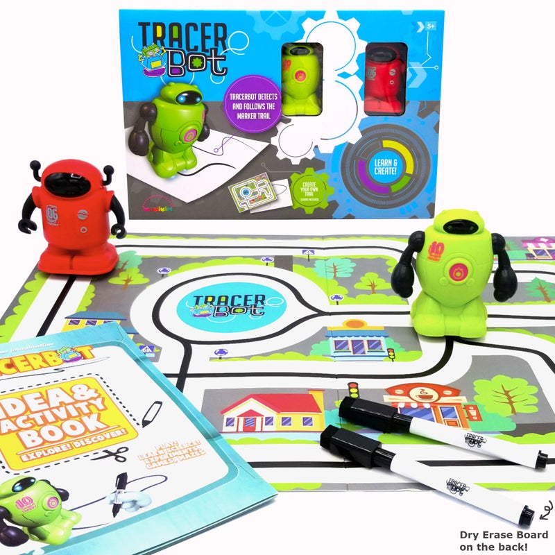 MUKIKIM TracerBot Set 2 Robot Set Mini Inductive Robot That Follows The Black Line You Draw Fun Educational and Interactive STEM Toy Includes Trail Map Dry Erase Board and Playbook - Image 2