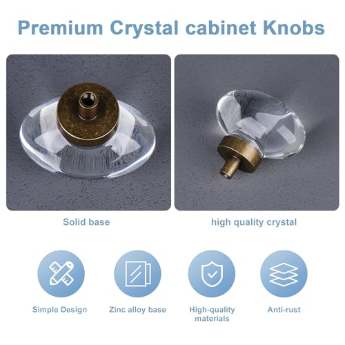 CLCTK 8 Pack Antique Brass Crystal Cabinet Knobs, Oval Vintage Glass Cabinet Knobs Pulls for Dresser Drawers Kitchen Bathroom Cupboard - Image 2