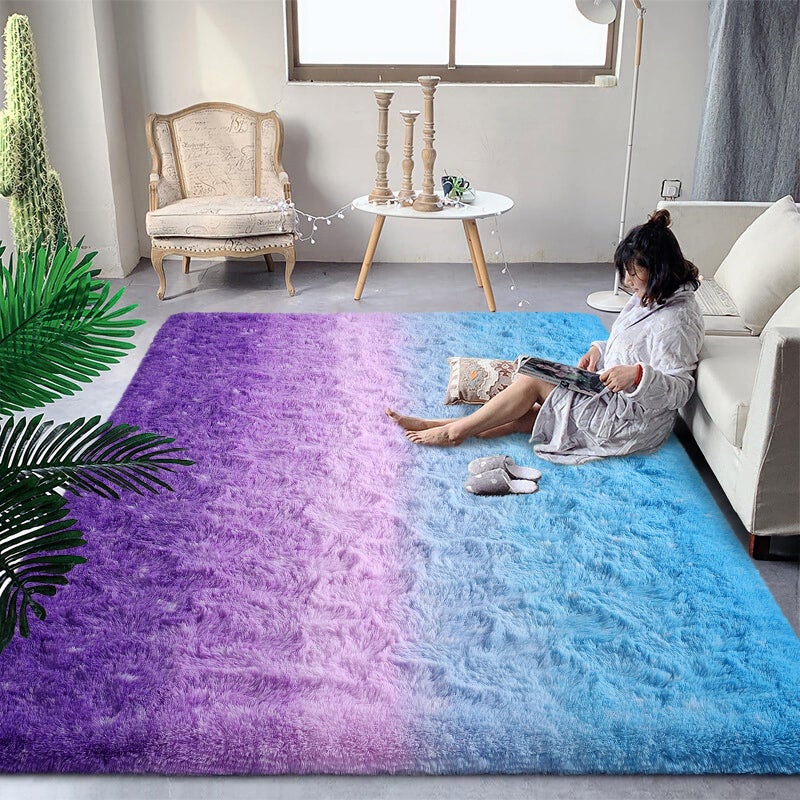 DweIke Luxury Fluffy Kids Rugs for Living Room Bedroom, 4x6 Feet Shaggy Purple and Blue Area Rug for Girls Boys, Upgrade Plush Non-Slip and Washable Colorful Fuzzy Carpet for Dorm Nursery Decor - Image 1