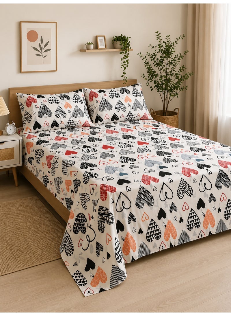 إي وورلد طقم ملاءات سرير قطن مطبوع 4 قطع، تصميم قلوب هندسية، 100% قطن، 125 GSM، 1 شرشف مطاطي + 1 شرشف عادي + 2 كيس وسادة – متوفر بمقاسي مفرد وكينج - Image 1