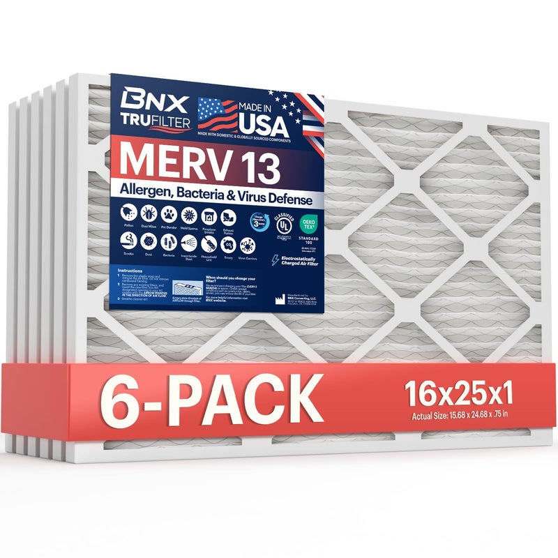 BNX TruFilter 16x25x1 Air Filter MERV 13 (6-Pack) - MADE IN USA - Electrostatic Pleated Air Conditioner HVAC AC Furnace Filters for Allergies, Pollen, Mold, Bacteria, Smoke, Allergen, MPR 1900 FPR 10 - Image 1