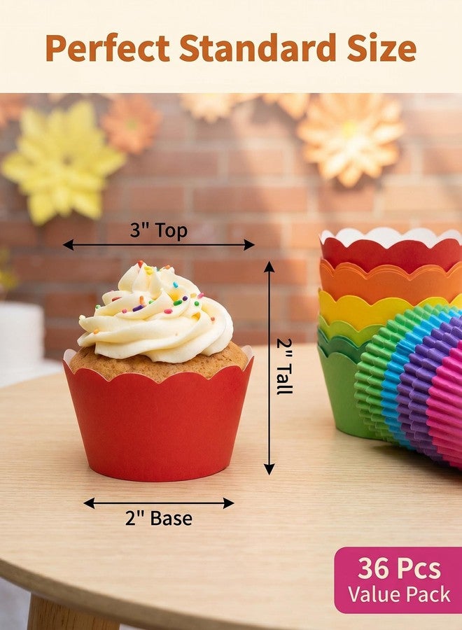 Mybbshower 36 Count- Solid Bright Colors Scalloped Cupcake Wrappers for Anniversary Birthday Party Table Decoration - Image 3
