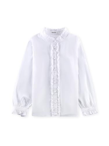 SOLOCOTE Girls White Blouse Ruffle Long Sleeve Button Down Shirts Princess Cotton Loose Soft Tops Spring and Summer, 190903 11-12 White - Image 1