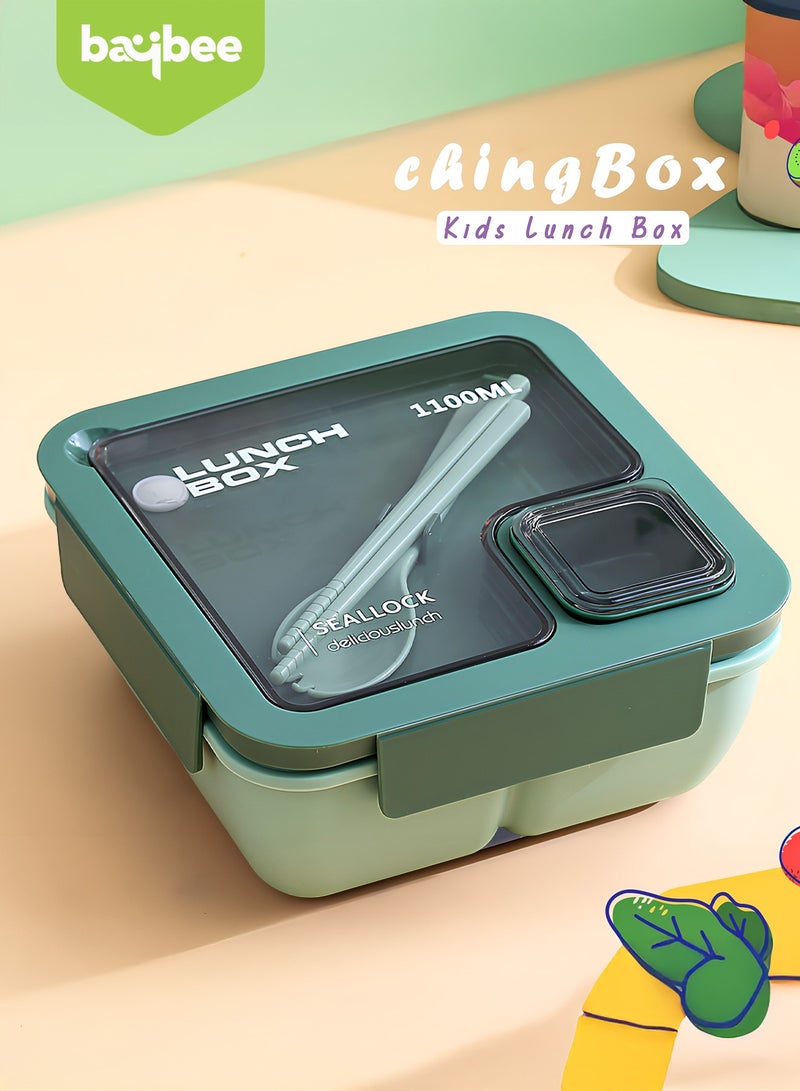 BAYBEE 1100 ML Kids Lunch Box for Adults With 2 in 1 Spoon & Chopsticks | 2 Compartment Leak Proof Tiffin Box for School, College & Office | Bento Box for Kids | Adults Lunch Box for Kids Green - Image 3