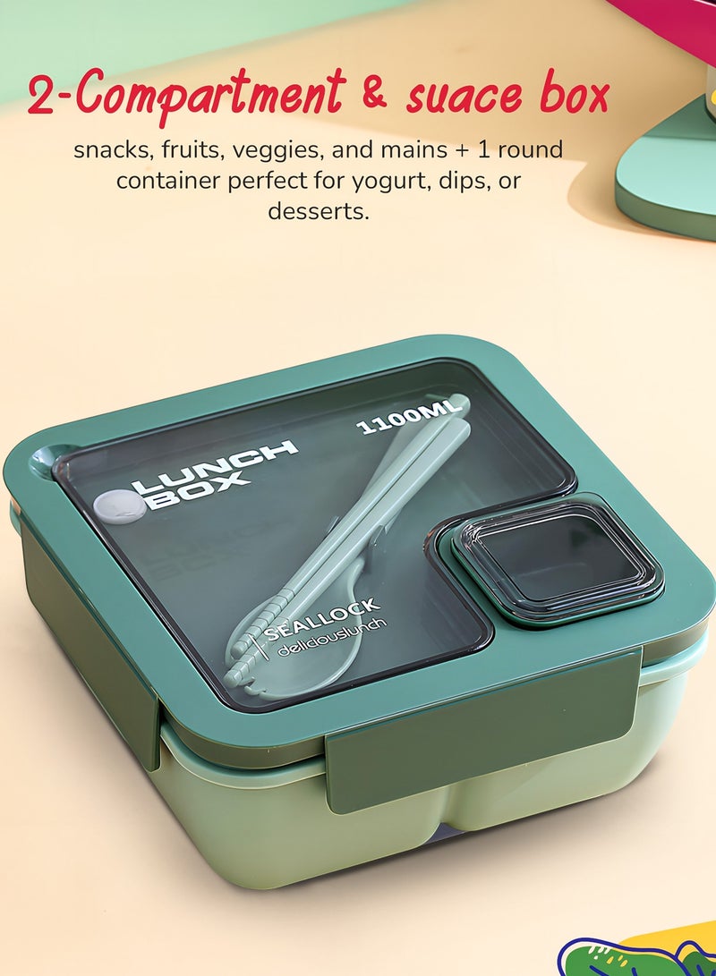 BAYBEE 1100 ML Kids Lunch Box for Adults With 2 in 1 Spoon & Chopsticks | 2 Compartment Leak Proof Tiffin Box for School, College & Office | Bento Box for Kids | Adults Lunch Box for Kids Green - Image 4