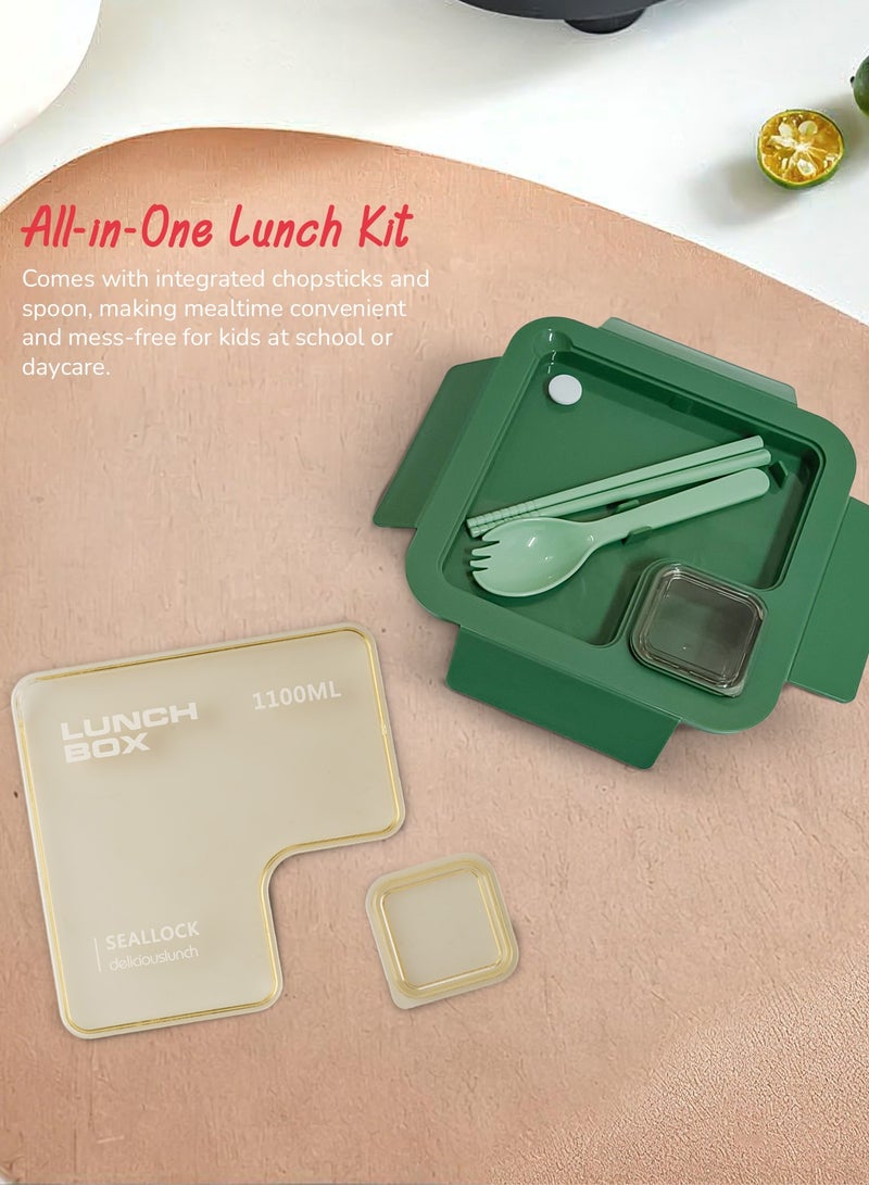 BAYBEE 1100 ML Kids Lunch Box for Adults With 2 in 1 Spoon & Chopsticks | 2 Compartment Leak Proof Tiffin Box for School, College & Office | Bento Box for Kids | Adults Lunch Box for Kids Green - Image 5