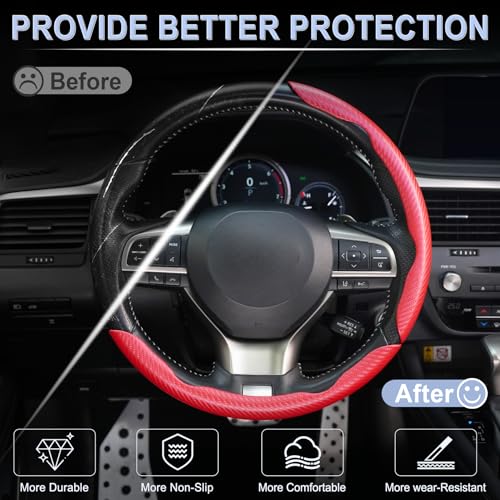 Amiss 3pcs Carbon Fiber Anti-Skid Steering Wheel Cover, Segmented & Butterfly Design, Universal 99% Car Wheel Cover Protector, Red - Image 4