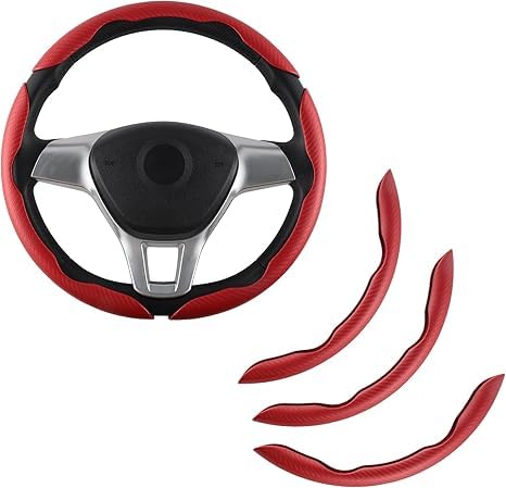Amiss 3pcs Carbon Fiber Anti-Skid Steering Wheel Cover, Segmented & Butterfly Design, Universal 99% Car Wheel Cover Protector, Red - Image 1